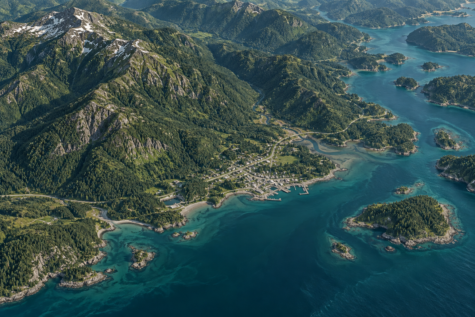 Illustrated coastal terrain with forested ridges, roads, and a small settlement.